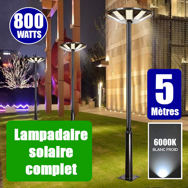 Pack lampadaire complet 5 mètres : Lampe solaire Série OVNI HERCULE 800 Watts - 2700 Lumens - 6000K - Angle 360° + Mât STANDARD 5 mètres (V1 EVO ou V4 EVO - Avec trappe)