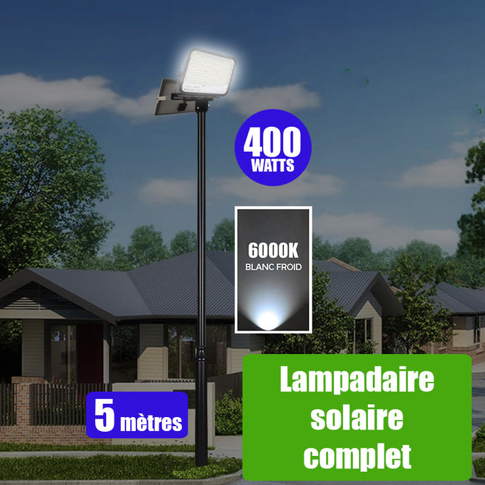 Pack lampadaire solaire complet 5 mètres : Projecteur LED solaire - Série PERFORMANCE - 400 Watts - 2100 Lumens - 6000k + Mât STANDARD (V1 EVO ou V4 EVO - Avec trappe) + Tête de mât rectangulaire