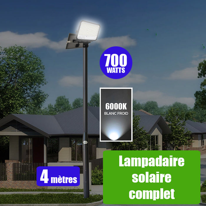 Pack lampadaire solaire complet 4 mètres : Projecteur LED solaire - Série PERFORMANCE - 700 Watts - 4000 Lumens - 6000k + Mât STANDARD (V1 EVO ou V4 EVO - Avec trappe) + Tête de mât rectangulaire
