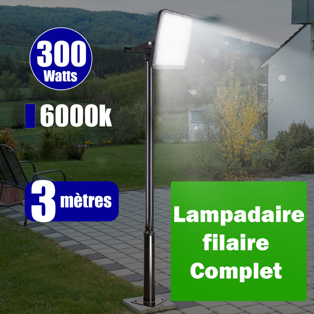Pack lampadaire filaire complet 3 mètres : Projecteur LED filaire Série PERLE V2 300 Watts - 6000k + Mât STANDARD - 3 mètres