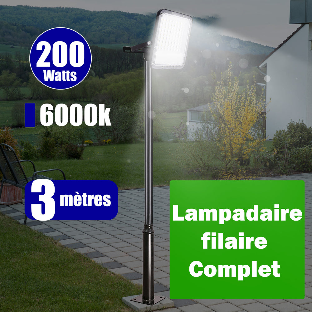 Pack lampadaire filaire complet 3 mètres : Projecteur LED filaire Série PERLE V2 200 Watts - 6000k + Mât STANDARD 3 mètres avec trappe