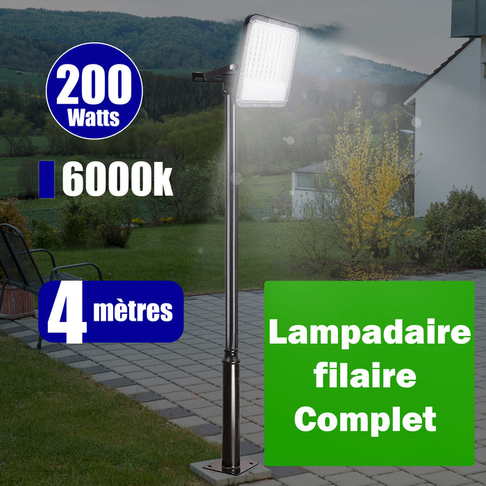 Pack lampadaire filaire complet 4 mètres : Projecteur LED filaire Série PERLE V2 200 Watts - 6000k + Mât STANDARD - 4 mètres