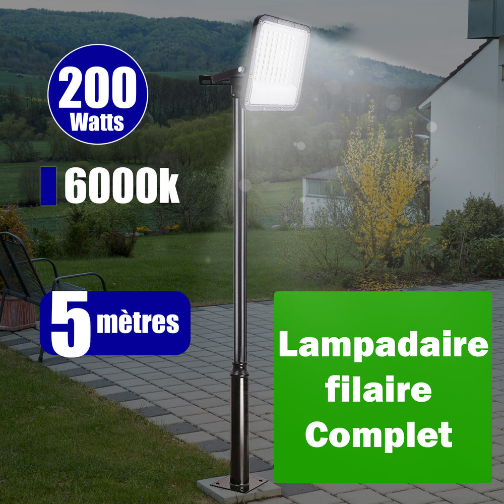 Pack lampadaire filaire complet 5 mètres : Projecteur LED filaire Série PERLE V2 200 Watts - 6000k + Mât STANDARD - 5 mètres