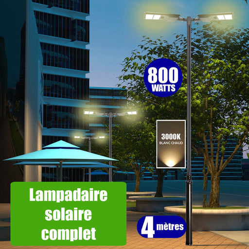Pack lampadaire solaire complet double tête 4 mètres : 2x Lampes de rue solaires - Série POWER EVO V2 - 800 Watts - 2200 Lumens - 3000K + Mât STANDARD (V1 EVO ou V4 EVO - Avec trappe) + Double tête de mât en ligne ou perpendiculaire