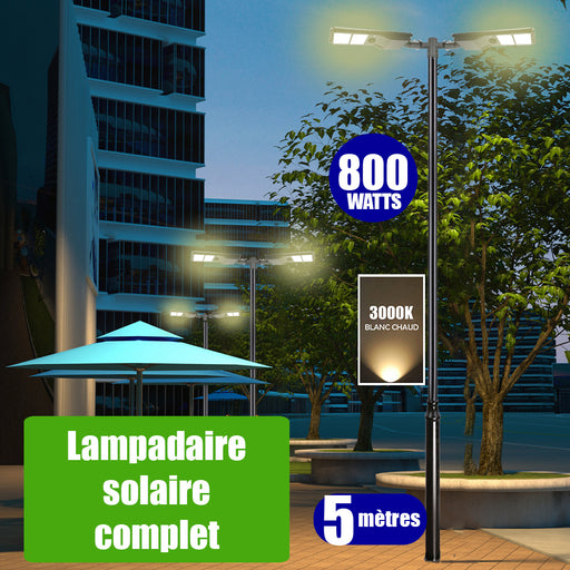 Pack lampadaire solaire complet double tête 5 mètres : 2x Lampes de rue solaires - Série POWER EVO V2 - 800 Watts - 2200 Lumens - 3000K + Mât STANDARD (V1 EVO ou V4 EVO - Avec trappe) + Double tête de mât en ligne ou perpendiculaire