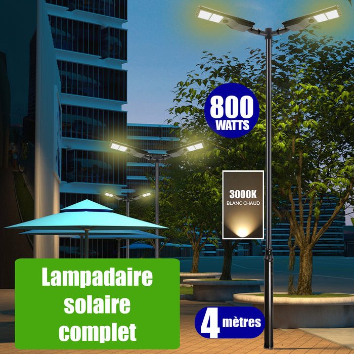 Pack lampadaire solaire complet double tête 4 mètres : 2x Lampes de rue solaires - Série POWER EVO V2 - 800 Watts - 2200 Lumens - 3000K + Mât STANDARD (V1 EVO ou V4 EVO - Avec trappe) + Double tête de mât en ligne ou perpendiculaire