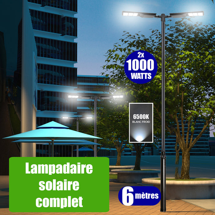 Pack lampadaire solaire complet double tête 6 mètres : 2x Lampes de rue solaires - Série POWER EVO V2 - 1000 Watts - 3000 Lumens - 6500k + Mât STANDARD (V1 EVO ou V4 EVO - Avec trappe) + Double tête de mât en ligne ou perpendiculaire