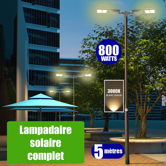 Pack lampadaire solaire complet double tête 5 mètres : 2x Lampes de rue solaires - Série POWER EVO V2 - 800 Watts - 2200 Lumens - 3000K + Mât STANDARD (V1 EVO ou V4 EVO - Avec trappe) + Double tête de mât en ligne ou perpendiculaire