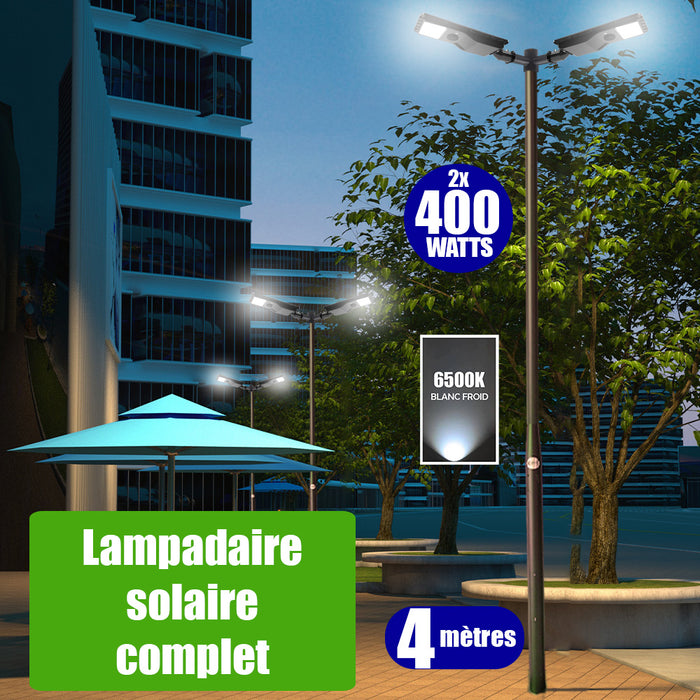 Pack lampadaire solaire complet double tête 4 mètres : 2x Lampes de rue solaires - Série POWER EVO V2 - 400 Watts - 1800 Lumens -  6500K + Mât STANDARD (V1 EVO ou V4 EVO - Avec trappe) + Double tête de mât en ligne ou perpendiculaire