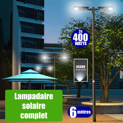 Pack lampadaire solaire complet double tête 6 mètres : 2x Lampes de rue solaires - Série POWER EVO V2 - 400 Watts - 1800 Lumens -  6500K + Mât STANDARD (V1 EVO ou V4 EVO - Avec trappe) + Double tête de mât en ligne ou perpendiculaire
