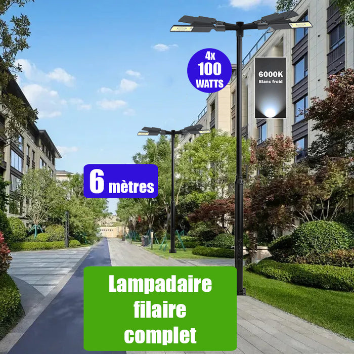 Pack lampadaire filaire complet quadruple tête 6 mètres : 4x Lampes filaires Série FLEX V2 - 100 Watts - 6000k + Mât STANDARD 6 mètres avec trappe au choix (STANDARD V2 EVO ou STANDARD V4 EVO) + Quadruple tête de mât perpendiculaire
