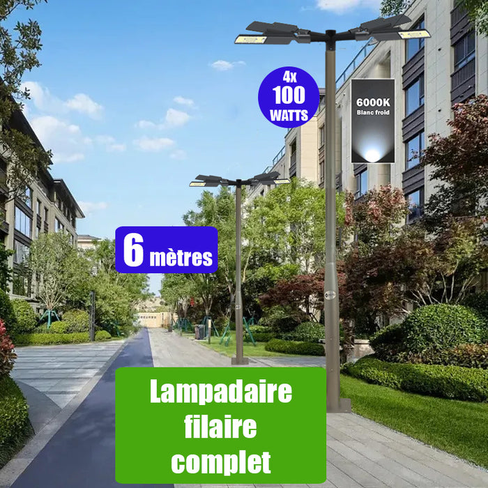 Pack lampadaire filaire complet quadruple tête 6 mètres : 4x Lampes filaires Série FLEX V2 - 100 Watts - 6000k + Mât STANDARD 6 mètres avec trappe au choix (STANDARD V2 EVO ou STANDARD V4 EVO) + Quadruple tête de mât perpendiculaire