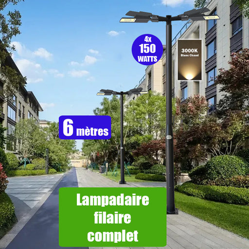 Pack lampadaire complet quadruple tête 6 mètres : 4x Lampes LED filaires Série FLEX V2 - 150 Watts - 3000k + Mât STANDARD 6 mètres avec trappe au choix (STANDARD V2 EVO ou STANDARD V4 EVO) + Quadruple tête de mât perpendiculaire