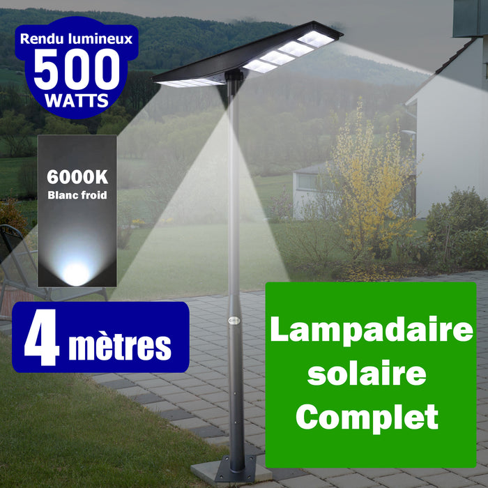 Pack lampadaire Solaire série OVNI SATELLITE : Lampadaire solaire pour extérieur 500 Watts - 6000k + Mât STANDARD EVO 4 Mètres (Mât STANDARD V1 ou Mât STANDARD V4) - Entraxe latéral des trous 200mm