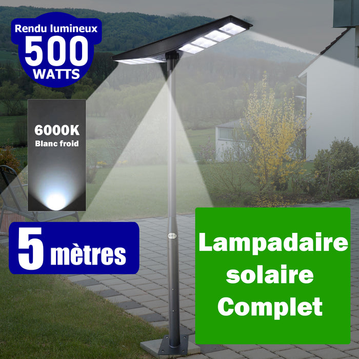 Pack lampadaire Solaire série OVNI SATELLITE : Lampadaire solaire pour extérieur 500 Watts - 6000k + Mât STANDARD EVO 5 Mètres (Mât STANDARD V1 ou Mât STANDARD V4) - Entraxe latéral des trous 200mm