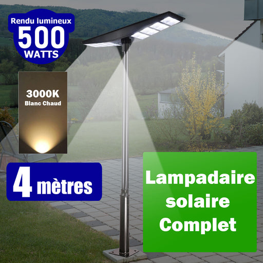 Pack lampadaire Solaire série OVNI SATELLITE : Lampadaire solaire pour extérieur 500 Watts - 3000k + Mâts STANDARD 4 mètres