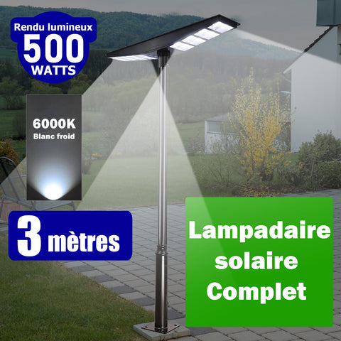 Pack lampadaire Solaire série OVNI SATELLITE : Lampadaire solaire pour extérieur 500 Watts - 6000k + Mât STANDARD EVO 3 Mètres (Mât STANDARD V1 ou Mât STANDARD V4) - Entraxe latéral des trous 200mm