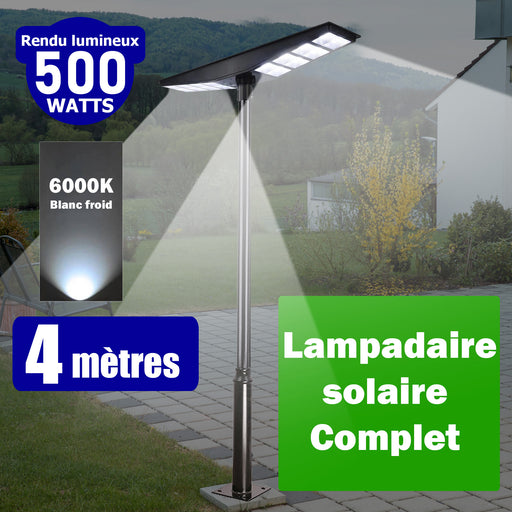 Pack lampadaire Solaire série OVNI SATELLITE : Lampadaire solaire pour extérieur 500 Watts - 6000k + Mâts STANDARD 4 mètres