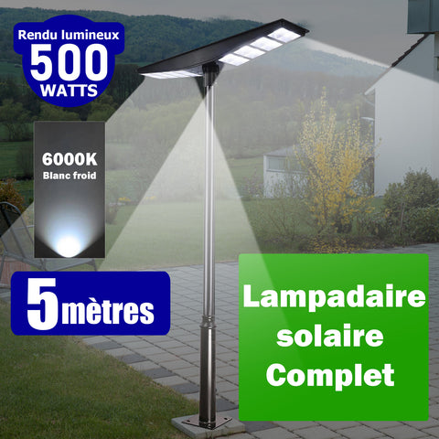 Pack lampadaire Solaire série OVNI SATELLITE : Lampadaire solaire pour extérieur 500 Watts - 6000k + Mât STANDARD EVO 5 Mètres (Mât STANDARD V1 ou Mât STANDARD V4) - Entraxe latéral des trous 200mm