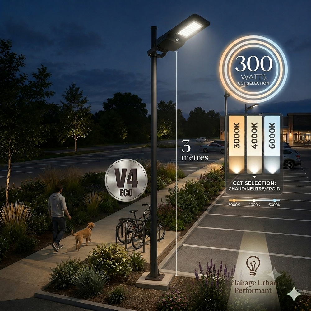 Pack lampadaire solaire complet 3 mètres : Lampadaire LED - Série STREET EVO V2 - CCT - 300 Watts - 3000 Lumens + Mât STANDARD V4 ECO 3 mètres + Support déporté 45mm