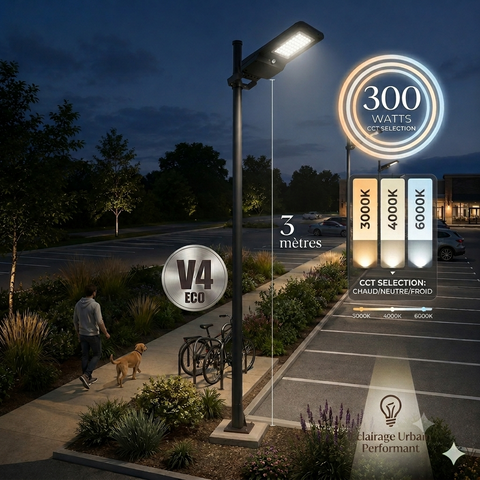 Pack lampadaire solaire complet 3 mètres : Lampadaire LED - Série STREET EVO V2 - CCT - 300 Watts - 3000 Lumens + Mât STANDARD V4 ECO 3 mètres + Support déporté 45mm