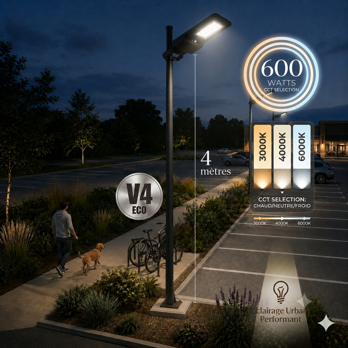 Pack lampadaire solaire complet 4 mètres : Lampadaire LED - Série STREET EVO V2 - CCT - 600 Watts - 6600 Lumens + Mât STANDARD V4 ECO 4 mètres + Support déporté 45mm
