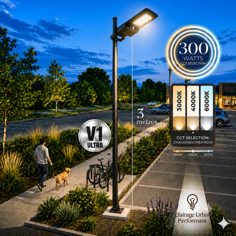 Pack lampadaire solaire complet 3 mètres : Lampadaire LED - Série STREET EVO V2 - CCT - 300 Watts - 3000 Lumens + Mât STANDARD V1 ULTRA 3 mètres + Support déporté 45mm