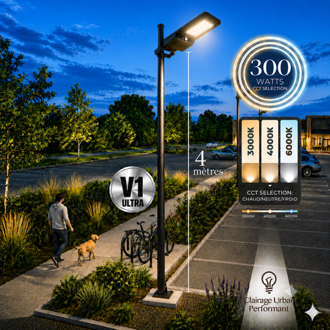 Pack lampadaire solaire complet 4 mètres : Lampadaire LED - Série STREET EVO V2 - CCT - 300 Watts - 3000 Lumens + Mât STANDARD V1 ULTRA 4 mètres + Support déporté 45mm