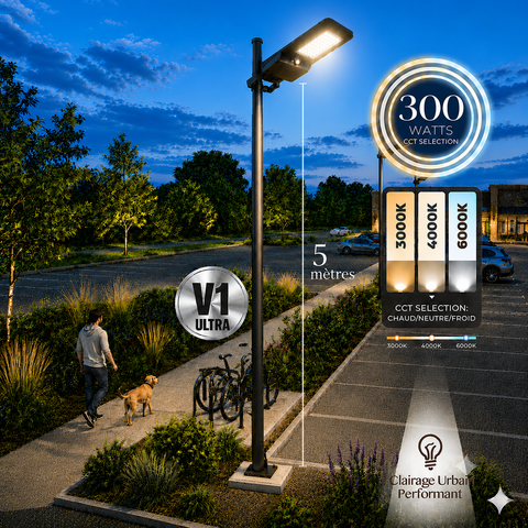 Pack lampadaire solaire complet 5 mètres : Lampadaire LED - Série STREET EVO V2 - CCT - 300 Watts - 3000 Lumens + Mât STANDARD V1 ULTRA 5 mètres + Support déporté 45mm