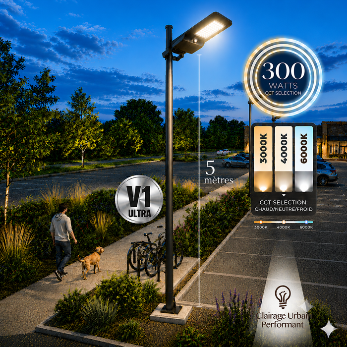 Pack lampadaire solaire complet 5 mètres : Lampadaire LED - Série STREET EVO V2 - CCT - 300 Watts - 3000 Lumens + Mât STANDARD V1 ULTRA 5 mètres + Support déporté 45mm