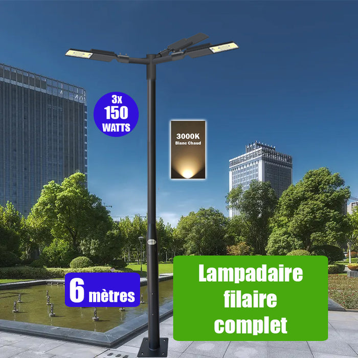 Pack lampadaire complet triple tête 6 mètres : 3x Lampes LED filaires Série FLEX V2 - 150 Watts - 3000k + Mât STANDARD - 6 mètres avec trappe au choix (STANDARD V2 EVO ou STANDARD V4 EVO) + Triple tête de mât perpendiculaire