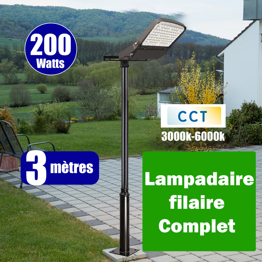 Pack lampadaire complet 3 mètres : Projecteur LED filaire Série ULTIME P1 200 Watts CCT + Mât STANDARD - 3 mètres avec trappe