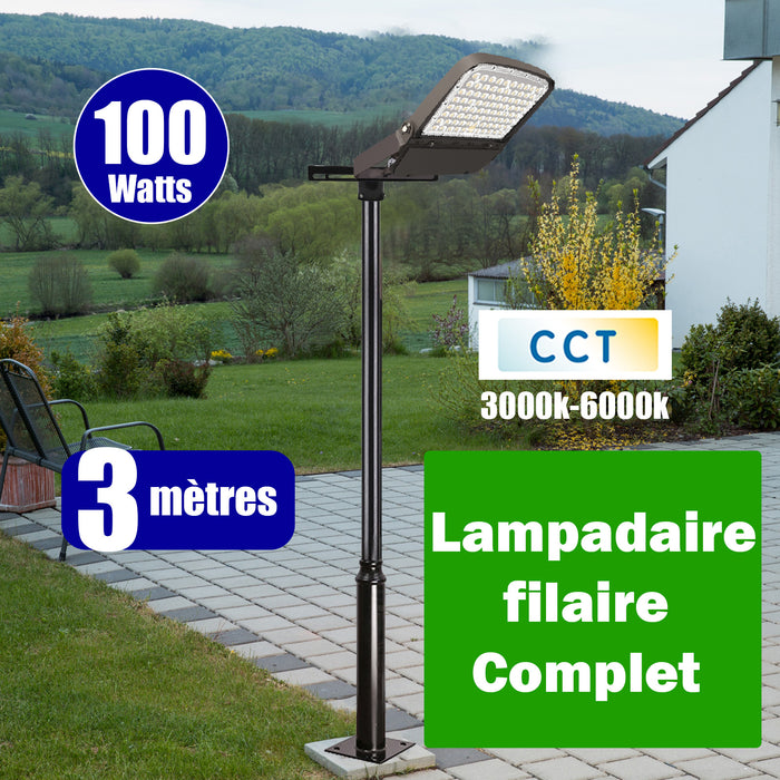 Pack lampadaire complet 3 mètres : Projecteur LED filaire Série ULTIME P1 100 Watts CCT + Mât STANDARD - 3 mètres avec trappe