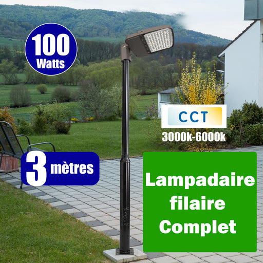 Pack lampadaire complet 3 mètres : Lampe de rue filaire Série ULTIME P2 100 Watts CCT + Mât STANDARD - 3 mètres avec trappe