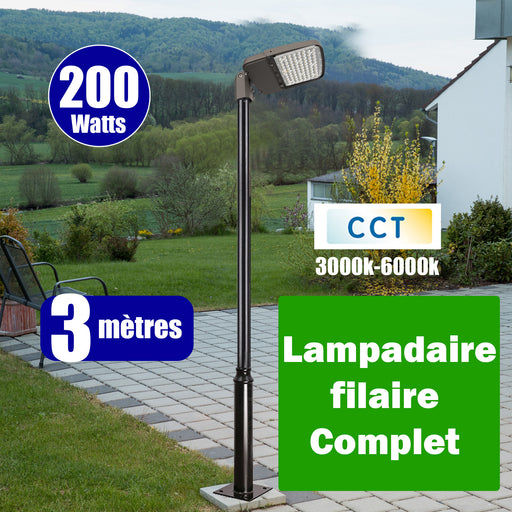 Pack lampadaire complet 3 mètres : Lampe de rue filaire Série ULTIME P2 200 Watts CCT + Mât STANDARD - 3 mètres avec trappe