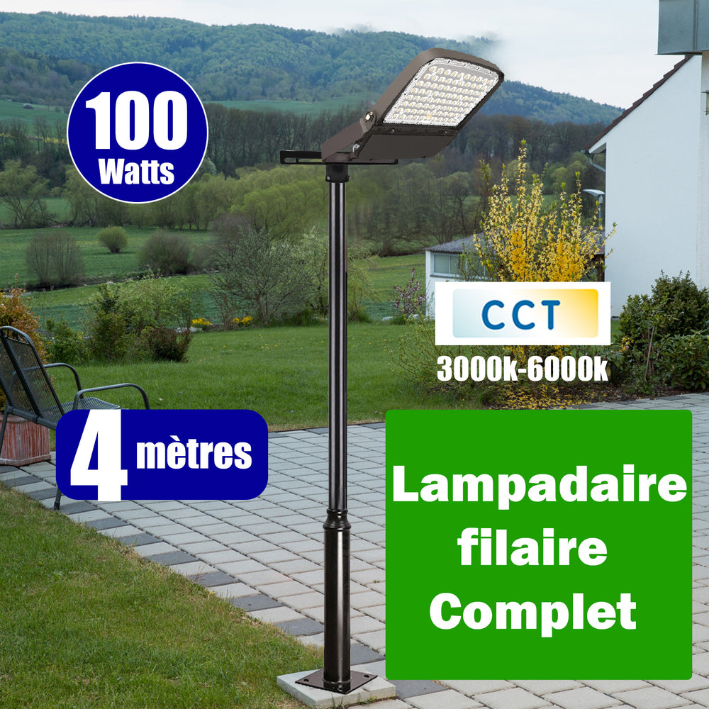 Pack lampadaire complet 4 mètres : Projecteur LED filaire Série ULTIME P1 100 Watts CCT + Mât STANDARD - 4 mètres avec trappe