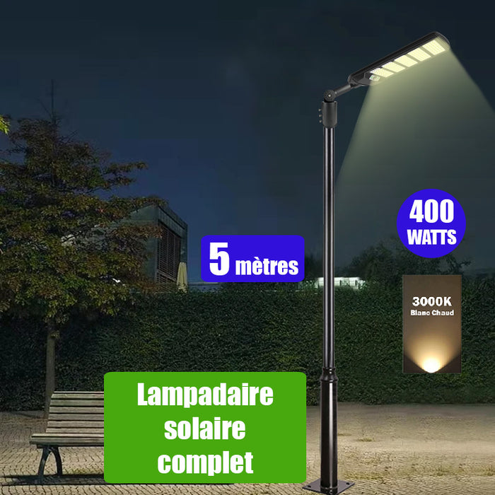 Pack lampadaire solaire complet 5 mètres : Lampe de rue et parking - Série VIEW V2 - 400 Watts - 3000k + Mât STANDARD (V1 EVO ou V4 EVO - Avec trappe) + Adaptateur tête de mât 80/50mm ou Support déporté 45mm