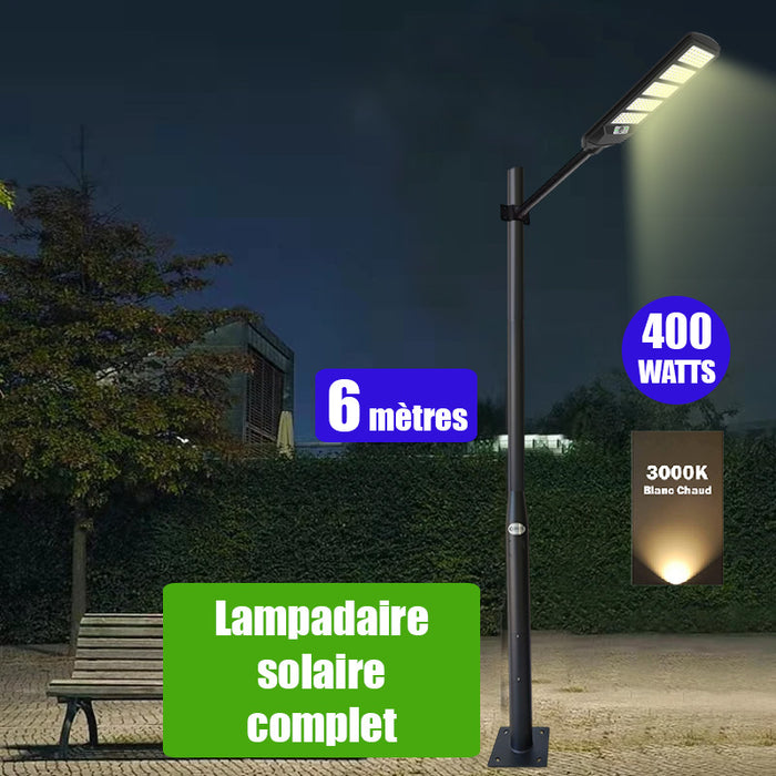 Pack lampadaire solaire complet 6 mètres : Lampe de rue et parking - Série VIEW V2 - 400 Watts - 3000k + Mât STANDARD (V1 EVO ou V4 EVO - Avec trappe) + Adaptateur tête de mât 80/50mm ou Support déporté 45mm