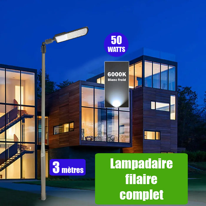 Pack lampadaire filaire complet 3 mètres : Lampe de rue filaire - Série FLEX ECO - 50 Watts - 6000k + Mât STANDARD - 3 mètres avec trappe au choix (Série STANDARD V2 EVO ou Série STANDARD V4 EVO) + Support déporté 45mm ou Adaptateur rotatif 80/50 mm