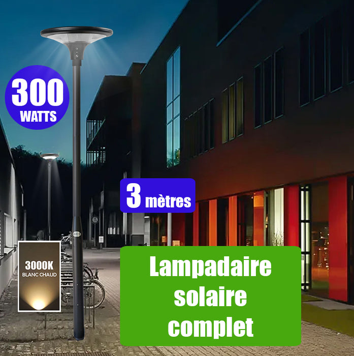 Pack lampadaire complet 3 mètres : Lampe solaire Série OVNI SUN FLOWER 300 3000K + Mât STANDARD (V1 EVO ou V4 EVO - Avec trappe) + Adaptateur 60/80 mm