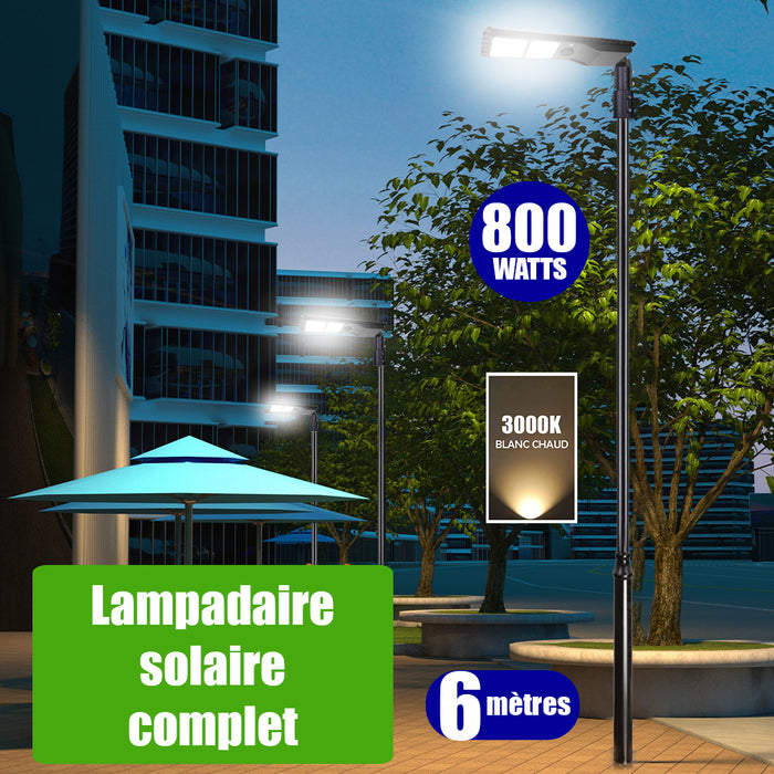 Pack lampadaire solaire complet 6 mètres : Lampe de rue solaire - Série POWER EVO V2 - 800 Watts - 2200 Lumens - 3000K + Mât STANDARD (V1 EVO ou V4 EVO - Avec trappe) + Support déporté 60mm ou Adaptateur tête de mât 60/80 mm