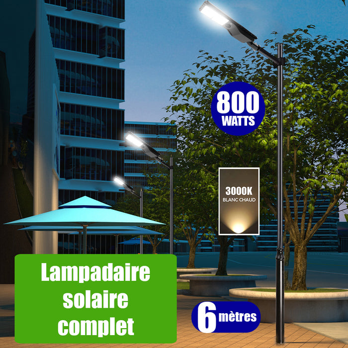 Pack lampadaire solaire complet 6 mètres : Lampe de rue solaire - Série POWER EVO V2 - 800 Watts - 2200 Lumens - 3000K + Mât STANDARD (V1 EVO ou V4 EVO - Avec trappe) + Support déporté 60mm ou Adaptateur tête de mât 60/80 mm