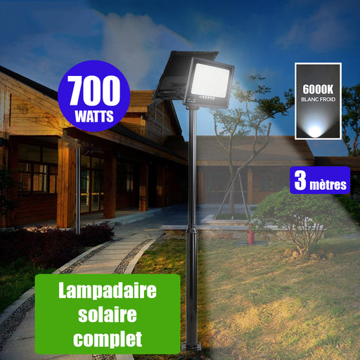 Pack lampadaire solaire complet 3 mètres : Projecteur LED solaire - Série SECURITY ULTRA - 700 Watts - 4000 Lumens - 6000k + Mât STANDARD (V1 EVO ou V4 EVO - Avec trappe) + Tête de mât rectangulaire