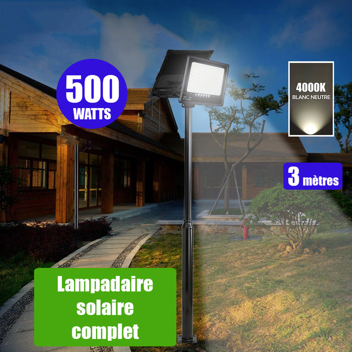 Pack lampadaire solaire complet 3 mètres : Projecteur LED solaire - Série SECURITY ULTRA - 500 Watts - 3000 Lumens - 4000k - Mât STANDARD (V1 EVO ou V4 EVO - Avec trappe) + Tête de mât rectangulaire
