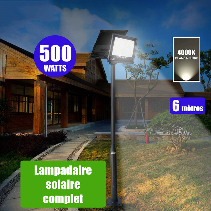 Pack lampadaire solaire complet 6 mètres : Projecteur LED solaire - Série SECURITY ULTRA - 500 Watts - 3000 Lumens - 4000k + Mât STANDARD (V1 EVO ou V4 EVO - Avec trappe) + Tête de mât rectangulaire