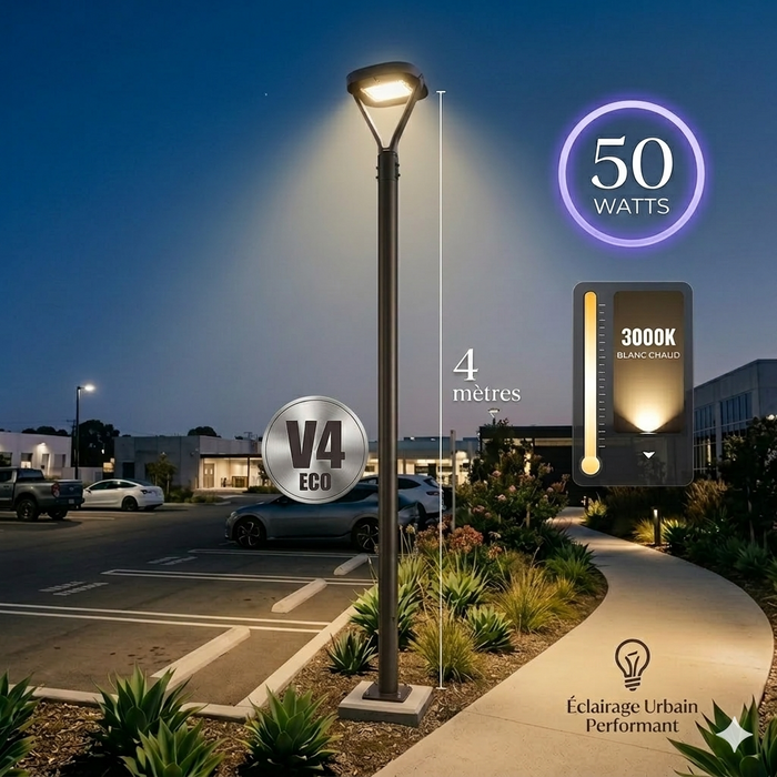 Pack lampadaire filaire complet 4 mètres : Lampe jardin / Parking - Série OVALI  V3 - 50 Watts - 3000K + Mât STANDARD V4 ECO 4 mètres NOIR avec trappe - Entraxe latéral des trous 160mm - Capteur crépusculaire en option