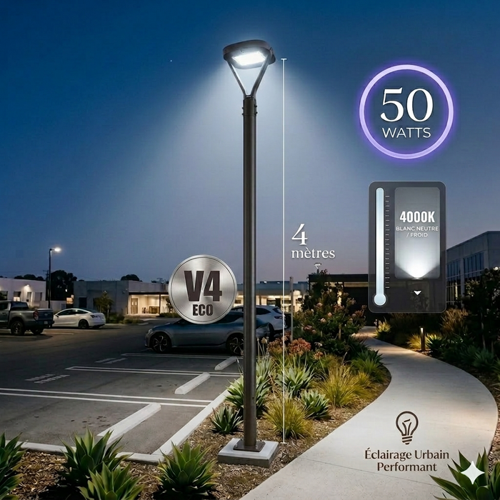 Pack lampadaire filaire complet 4 mètres : Lampe jardin / Parking - Série OVALI  V3 - 50 Watts - 4000K + Mât STANDARD V4 ECO 4 mètres NOIR avec trappe - Entraxe latéral des trous 160mm - Capteur crépusculaire en option