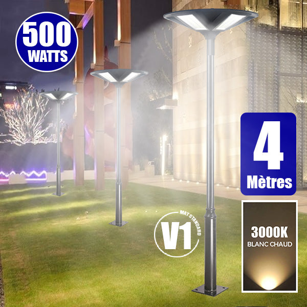 Pack lampadaire solaire complet 3/4/5/6 mètres au choix : Lampe solaire Série OVNI HERCULE + Mât EVO - Entraxe des trous 200mm - Noir