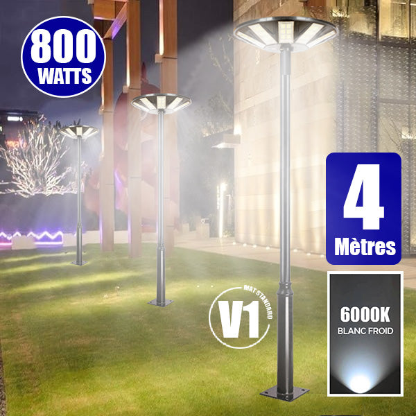 Pack lampadaire solaire complet 3/4/5/6 mètres au choix : Lampe solaire Série OVNI HERCULE + Mât EVO - Entraxe des trous 200mm - Noir