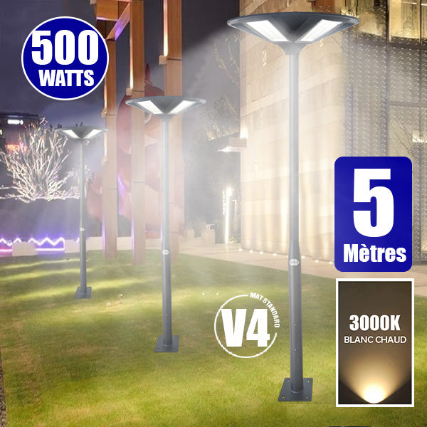 Pack lampadaire solaire complet 3/4/5/6 mètres au choix : Lampe solaire Série OVNI HERCULE + Mât EVO - Entraxe des trous 200mm - Noir